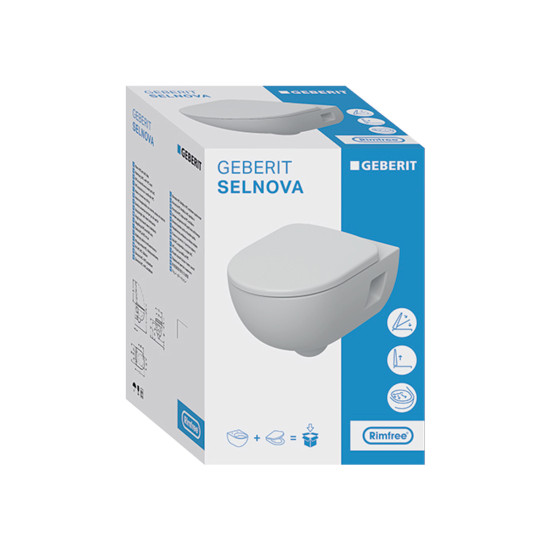 Školjka WC viseća s daskom soft close bijela RIMFREE GEBERIT SELNOVA ovalna - djelomično zatvorena
