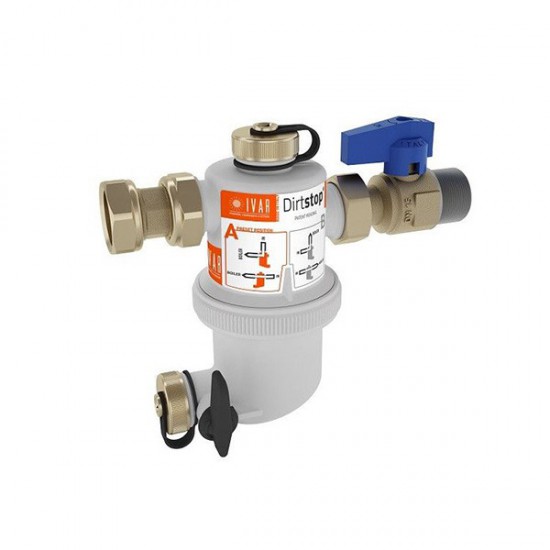Filter (dirtseparator) za zidne plinske bojlere (sa kuglastim ventilom,holenderskim priključcima i ispusnom slavinom) priključak 3/4"F x 3/4"M IVAR