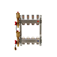 Razdjelnik inox 1" s termostatskim ventilima (M28x1,5), mjeračima (i regulatorima) protoka (topmetrima) 0-6 L/min, automatskim ozračnim ventilima i slavinama za punjenje i pražnjenje HERZ 